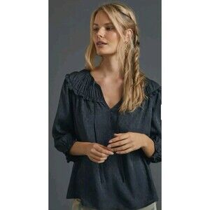 Anthropologie Current Air Shirred Blouse Carbon Black Gray Floral Peasant Boho S